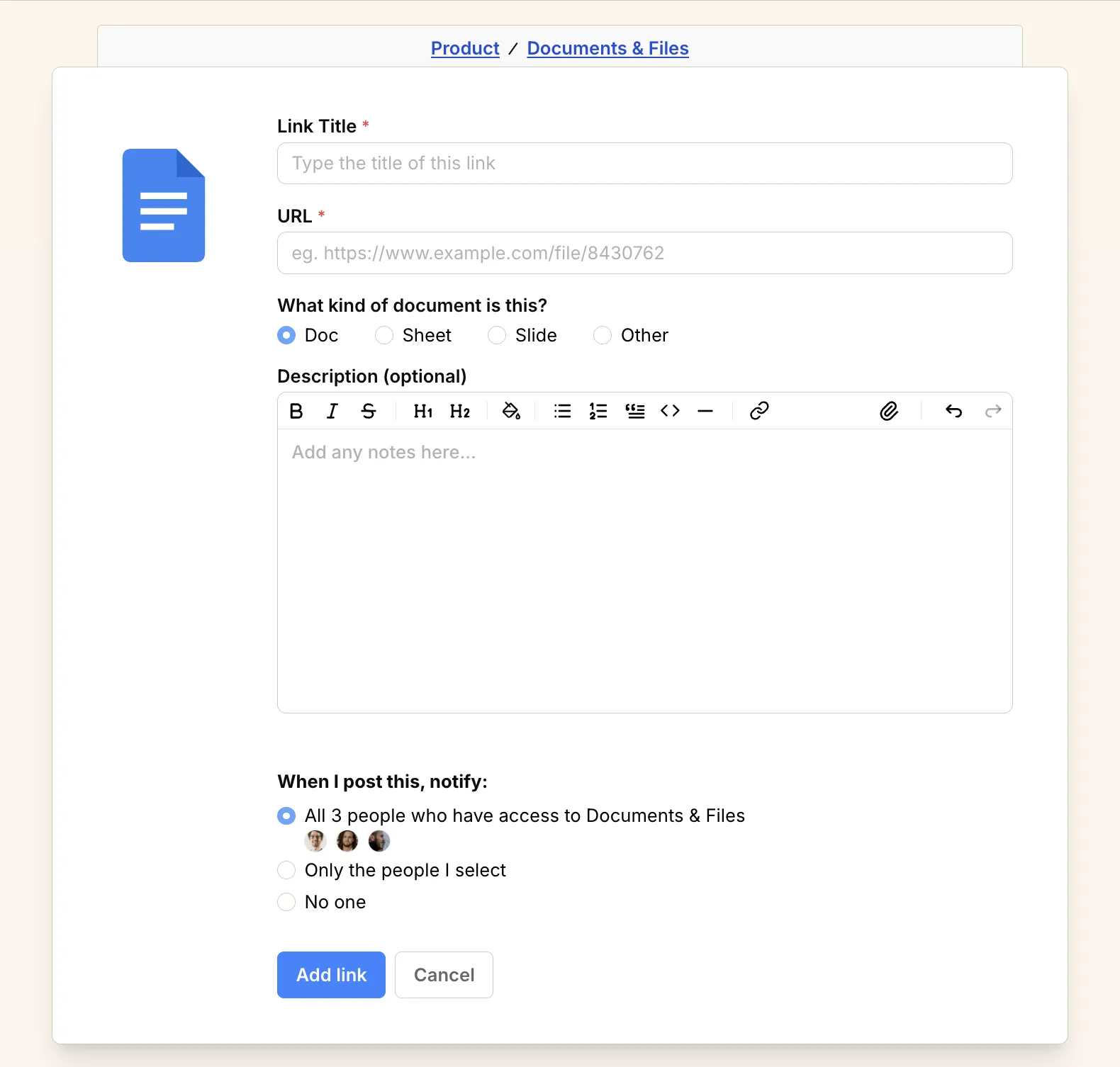 Screenshot: Adding an external link to a space