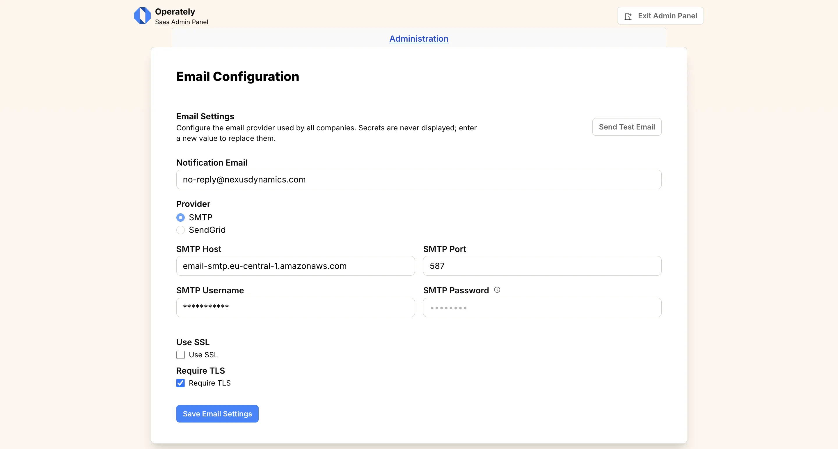 Admin email settings